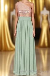 Rose Gold Sequins One-Shoulder Long Bridesmaid Dress